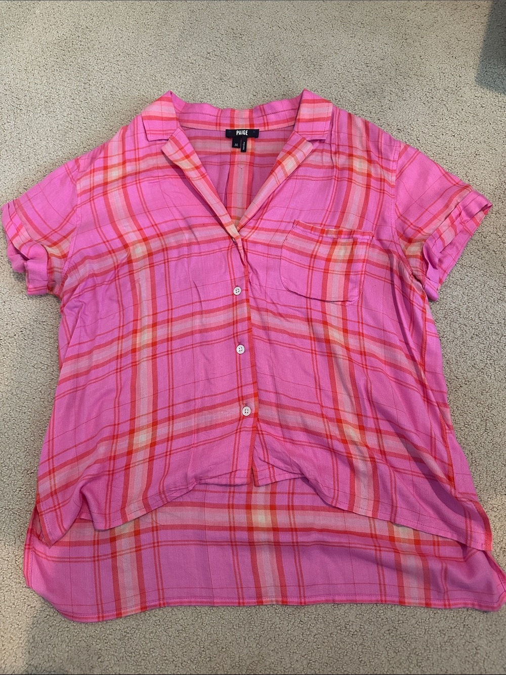 PAIGE Pink & Orange Plaid Short Sleeve Button-Down Top
